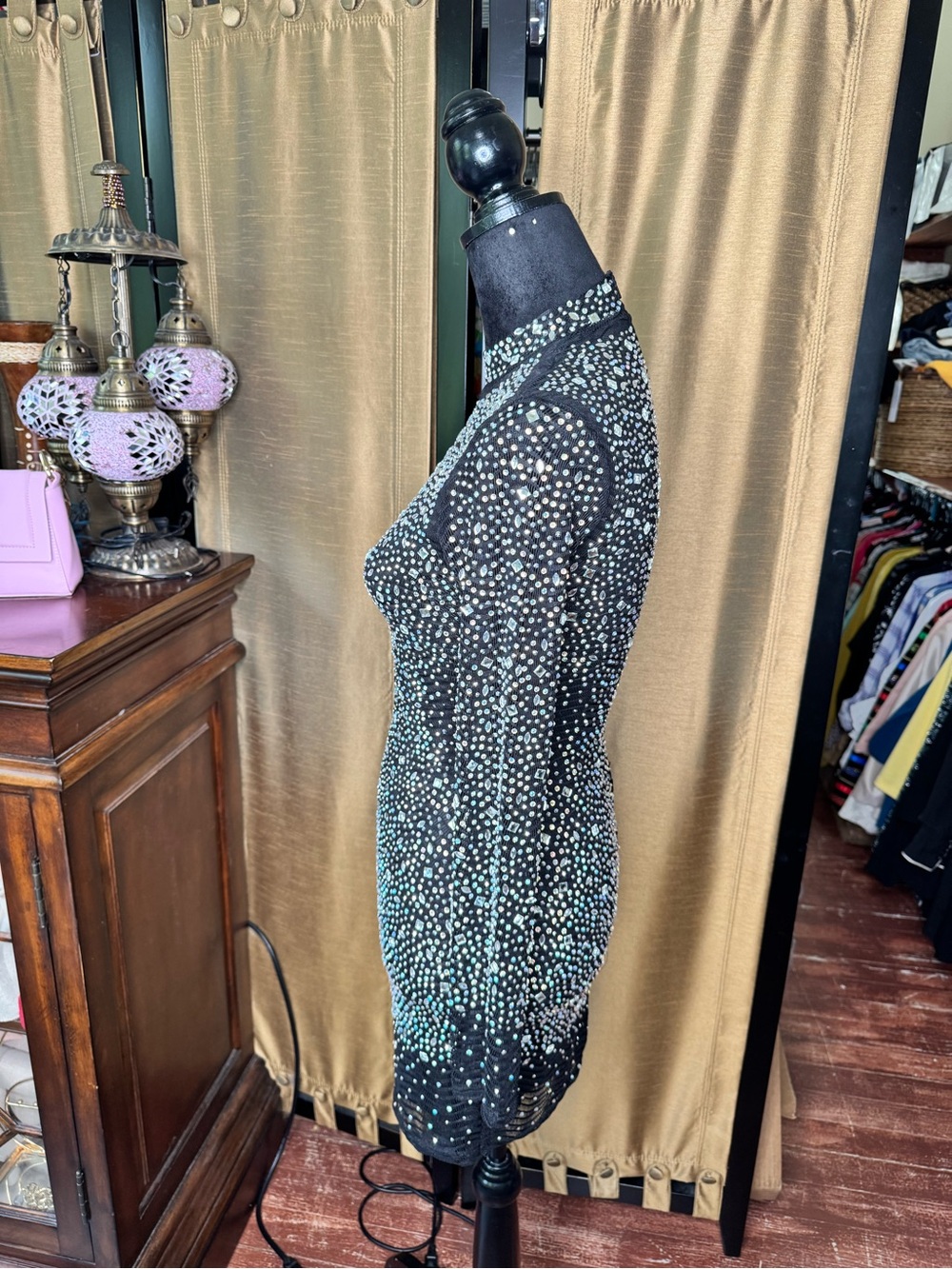 Nova Black Rhinestone Mesh Bodycon Mini Dress Size Small Party Club - Picture 3 of 9